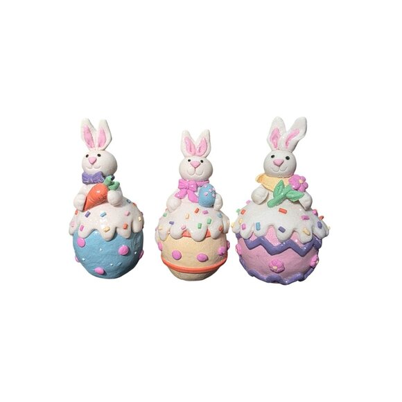 3 Sugared Glitter Bunny Rabbits Easter Eggs Decor Figurine - Picture 2 of 10